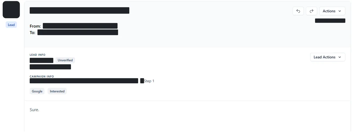 Anonymised reply screenshot: Sure. Identifying details are blocked out.