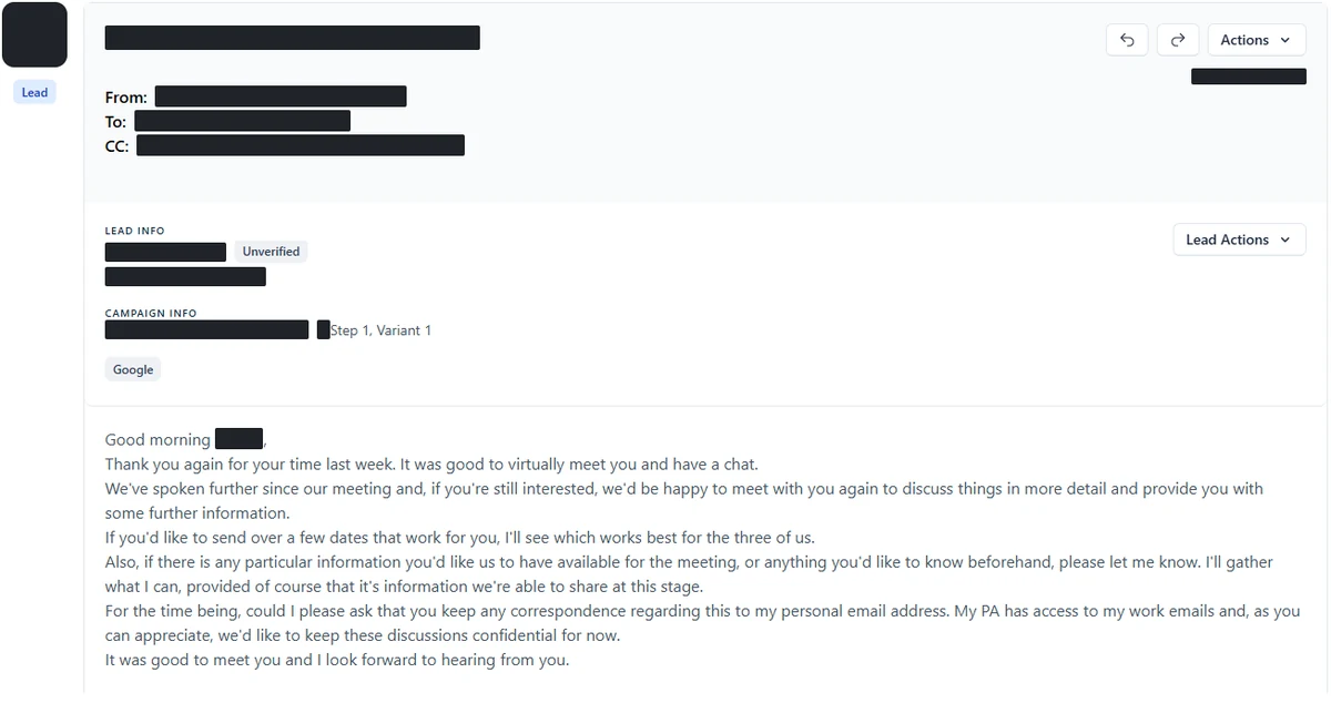 Anonymised reply screenshot: We'd be happy to meet with you again to discuss things in more detail. Identifying details are blocked out.