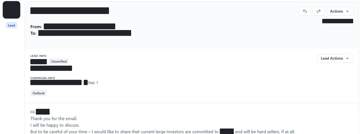 Anonymised reply screenshot: I will be happy to discuss. Identifying details are blocked out.