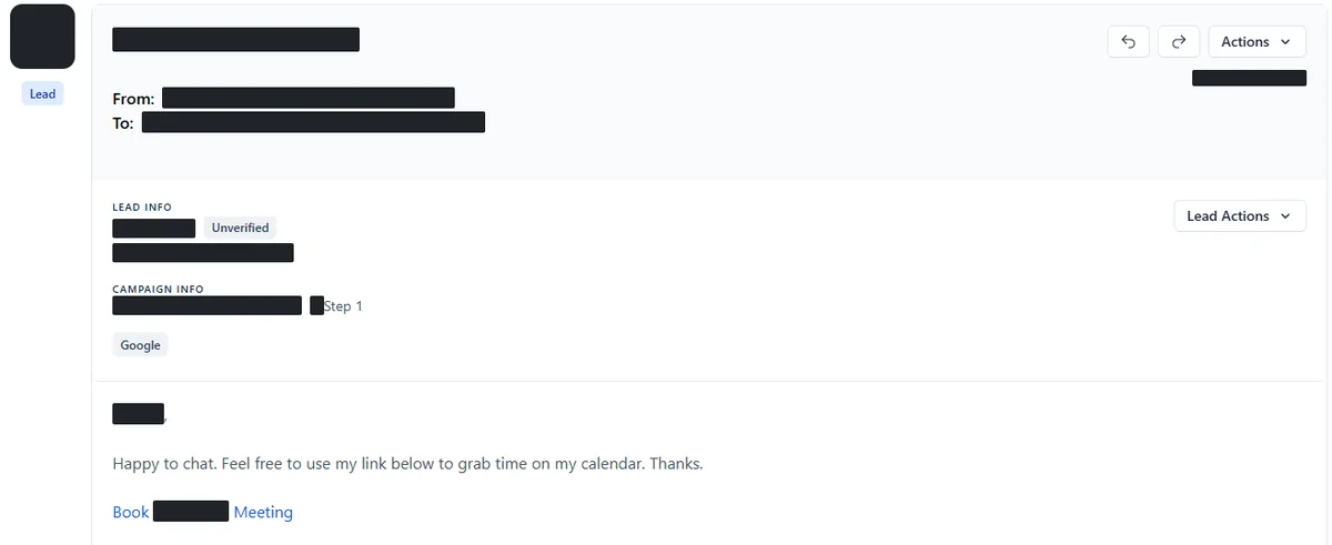 Anonymised reply screenshot: Happy to chat. Feel free to use my link below to grab time on my calendar. Identifying details are blocked out.