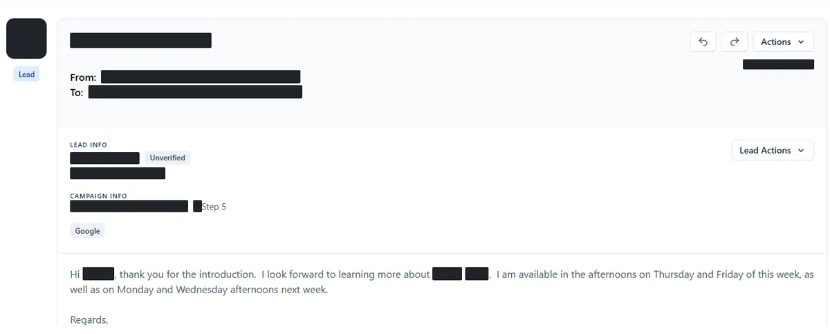 Anonymised reply screenshot: I am available in the afternoons on Thursday and Friday of this week, as well as on Monday and Wednesday afternoons next week. Identifying details are blocked out.