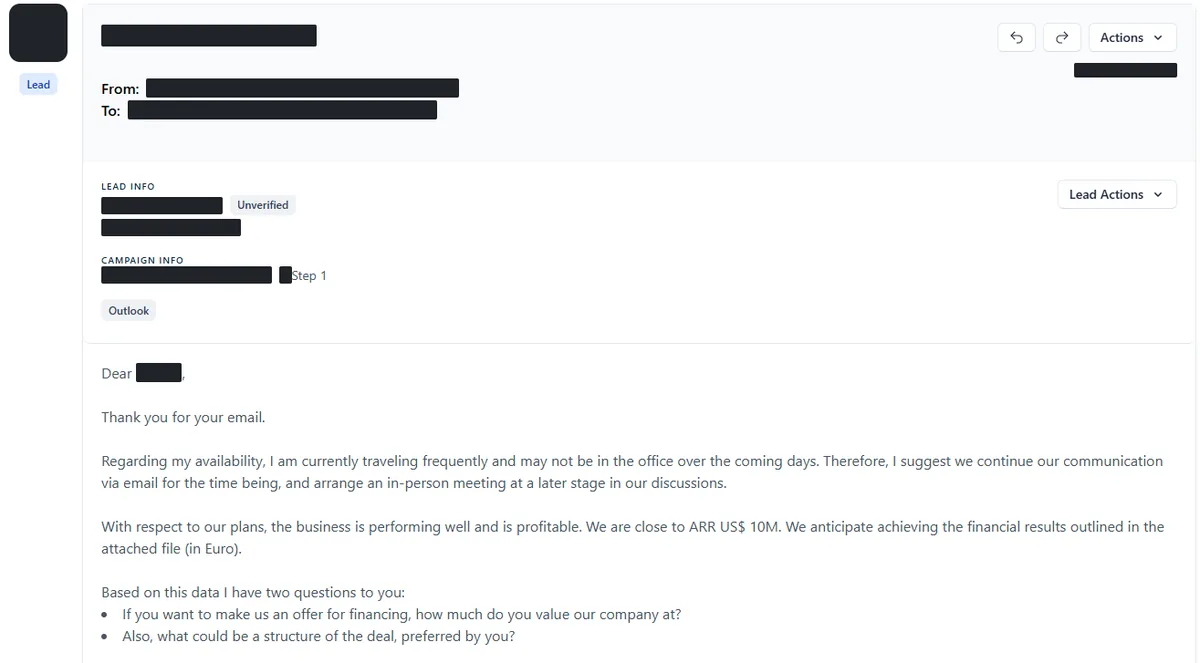 Anonymised reply screenshot: If you want to make us an offer for financing, how much do you value our company at? Identifying details are blocked out.